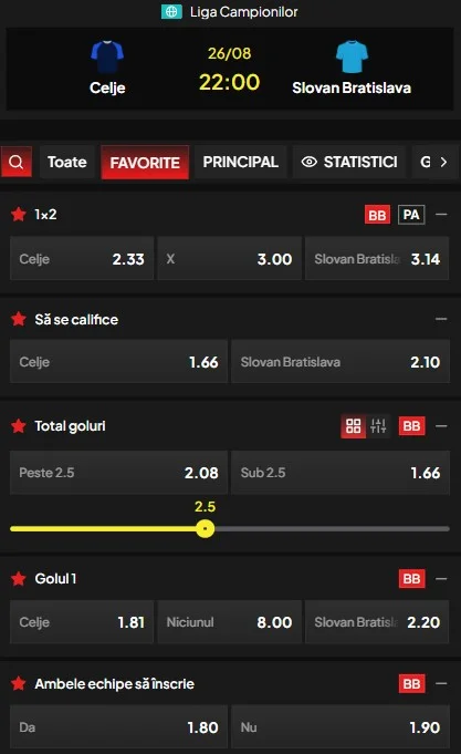 Cote pariuri Celje vs Slovan Bratislava