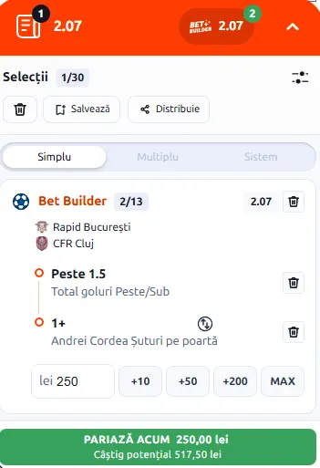 Cota 2 în Rapid vs CFR Cluj 02.08.2026