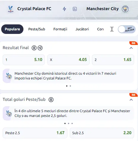 Cote pariuri Crystal Palace vs Manchester City la Betano