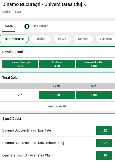 Cote pariuri Dinamo București vs U Cluj acordate de Unibet