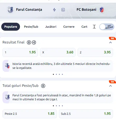 Cote pariuri Farul Constanța - FC Botoșani la Betano