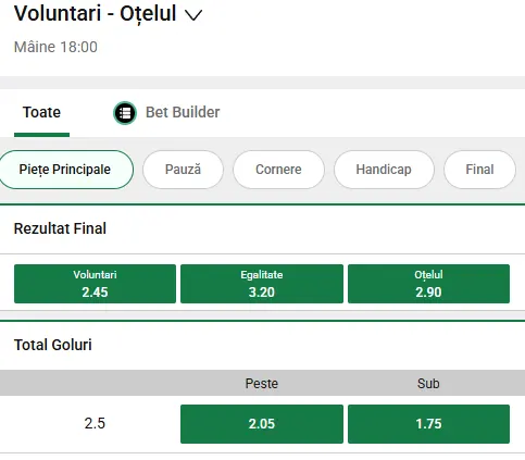Cote pariuri FC Voluntari - Oțelul Galați la Unibet