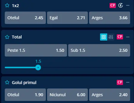 Cote pariuri Oțelul Galați vs FC Argeș la Mr Bit
