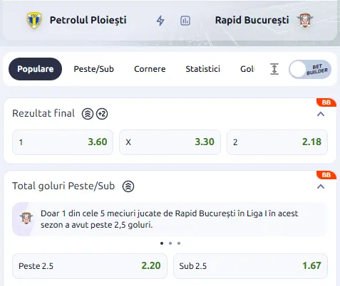 Cote pariuri Petrolul Ploiești vs Rapid la Betano