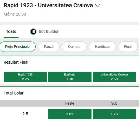 Cote pariuri Rapid vs Universitatea Craiova la Unibet