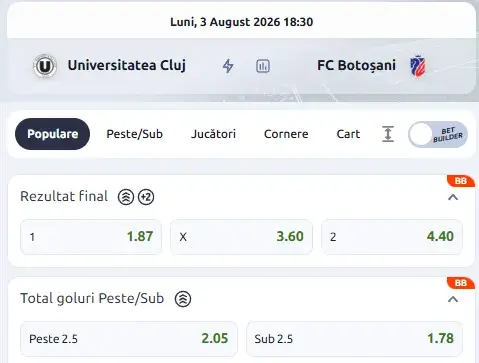 Cote pariuri U Cluj vs FC Botoșani la Betano
