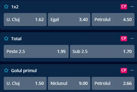 Cote pariuri U Cluj vs Petrolul Ploiești oferite de Mr Bit