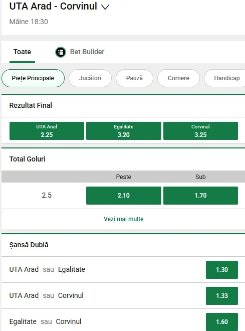 Cote pariuri UTA Arad vs Corvinul Hunedoara la Unibet