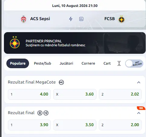Cotele la pariuri în Sepsi vs FCSB, oferite de Betano