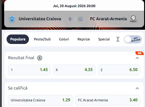 Cotele oferite de Betano în Universitatea Craiova - Ararat Armenia
