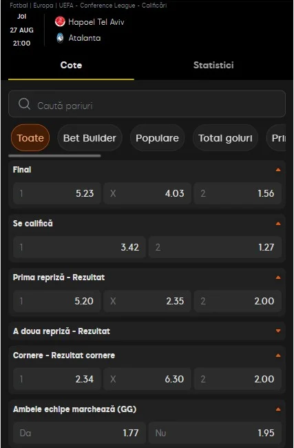 Cote pariuri Hapoel Tel Aviv vs Atalanta
