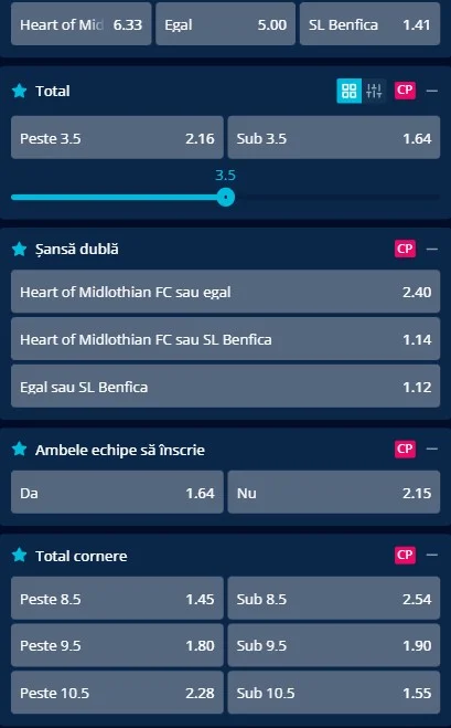 Cote pariuri Hearts vs Benfica