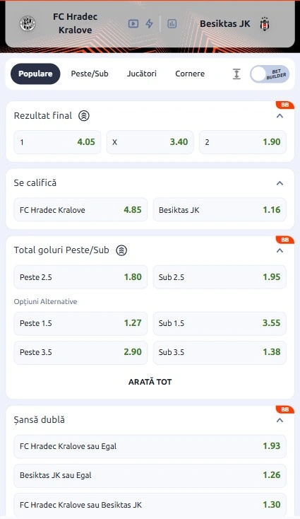 Cote pariuri Hradec Kralove - Besiktas