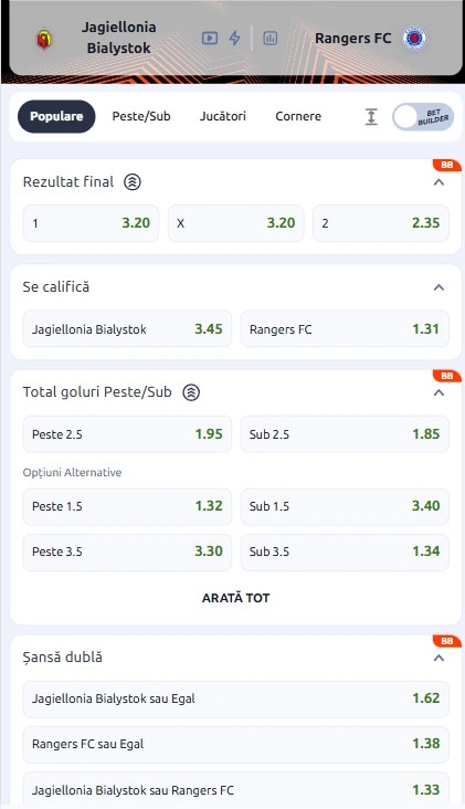 Cote pariuri Jagiellonia vs Rangers