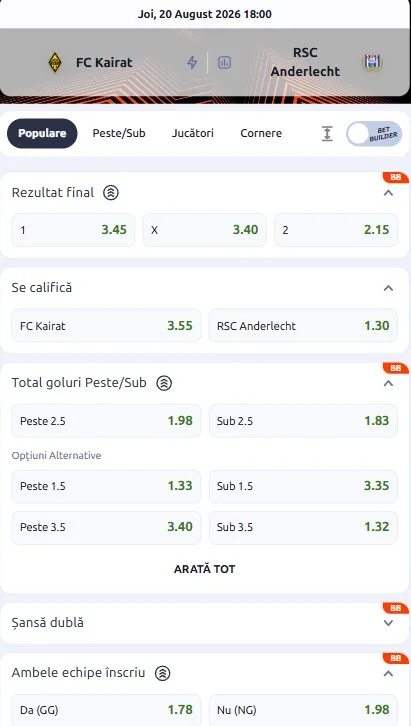 Cote pariuri Kairat Almaty - Anderlecht