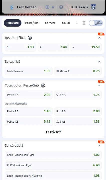 Cote pariuri Lech Poznan vs Klaksvik