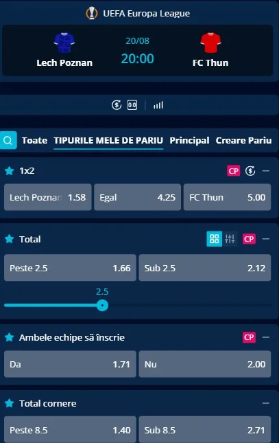 Cote pariuri Lech Poznan vs Thun