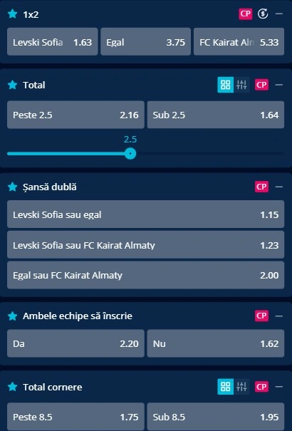 Cote pariuri Levski Sofia - Kairat Almaty