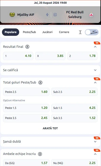 Cote pariuri Mjallby - RB Salzburg