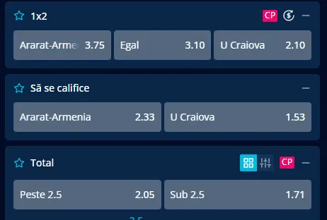 Oferta de cote pariuri Ararat Armenia - U Craiova la Mr Bit