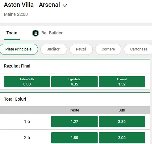 Oferta de cote pariuri Aston Villa vs Arsenal la Unibet