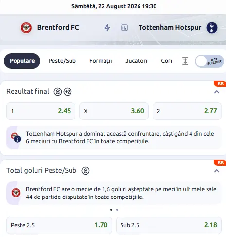 Oferta de cote pariuri Brentford vs Tottenham la Betano