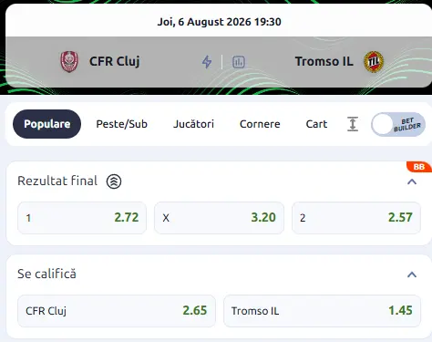 Oferta de cote pariuri CFR Cluj - Tromso la Betano