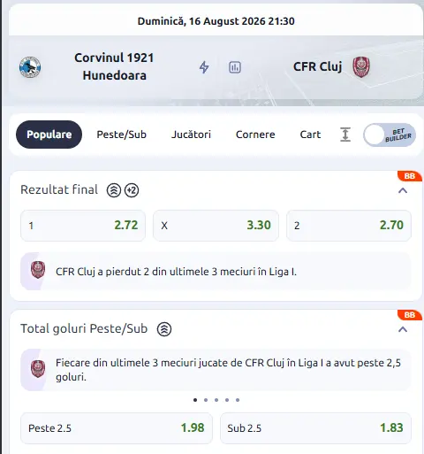 Oferta de cote pariuri Corvinul Hunedoara vs CFR Cluj la Betano