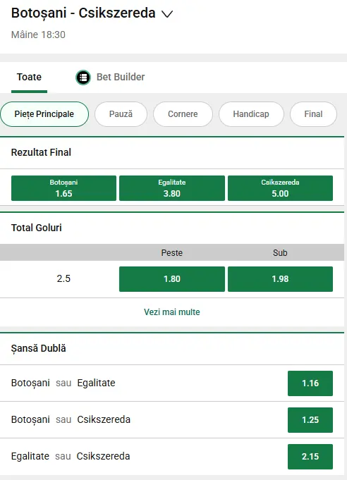 Oferta de cote pariuri FC Botoșani vs Csikszereda la Unibet