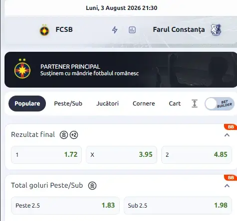 Oferta de cote pariuri FCSB vs Farul Constanța la Betano