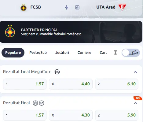 Oferta de cote pariuri FCSB vs UTA Arad la Betano
