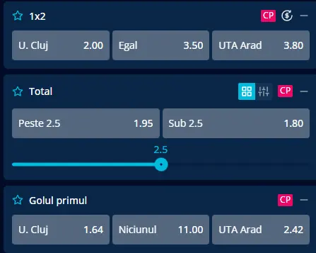 Oferta de cote pariuri U Cluj vs UTA Arad la Mr Bit
