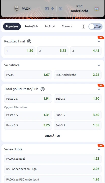 Cote pariuri PAOK - Anderlecht