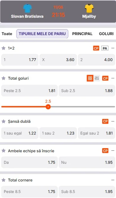 Cote pariuri Slovan Bratislava - Mjallby