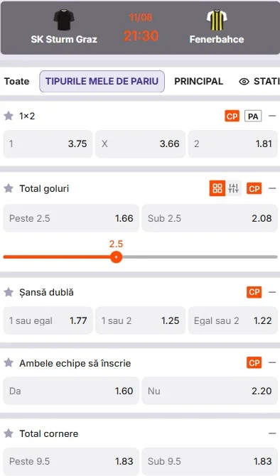 Cote pariuri Sturm Graz vs Fenerbahce