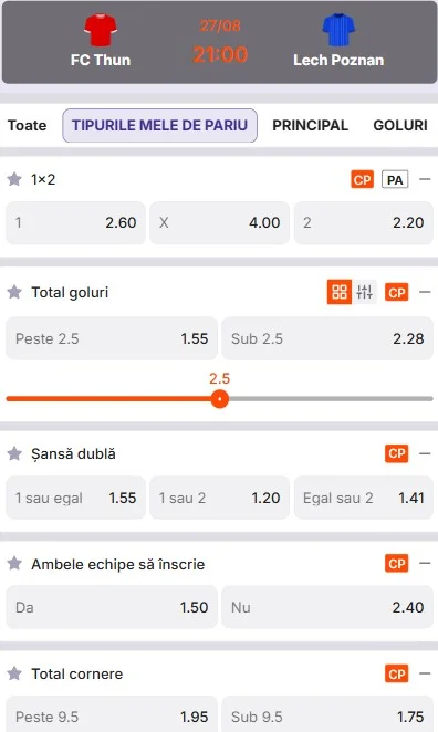 Cote pariuri Thun vs Lech Poznan