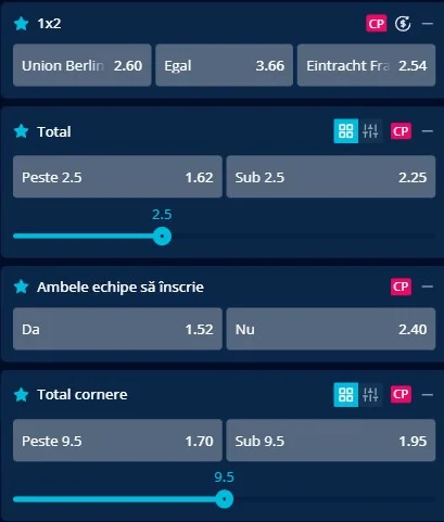 Cote pariuri Union Berlin - Frankfurt