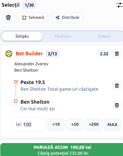 Biletul zilei tenis 13 septembrie 2026
