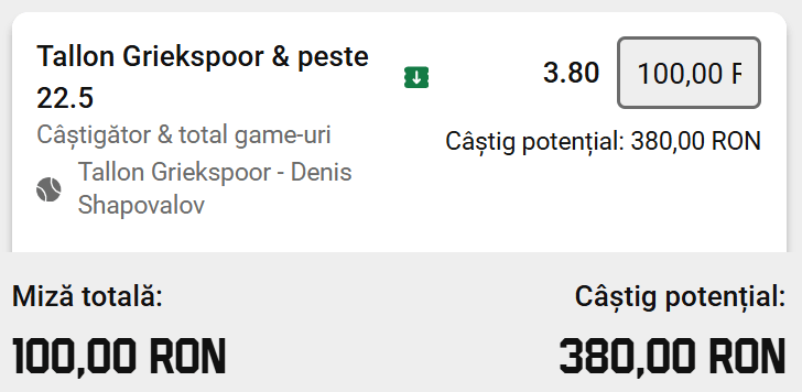 Biletul zilei Tenis 24 septembrie 2026 de la ATP Chengdu Open la Unibet