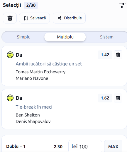Biletul zilei tenis 4 septembrie 2026 la Betano