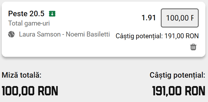 Cota 2 din Tenis 21 septembrie 2026 de la WTA Tolentino Open la Unibet