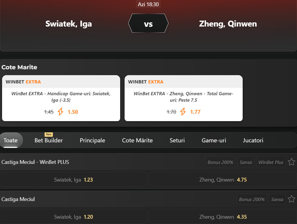 Cote Pariuri Iga Swiatek vs Qinwen Zheng