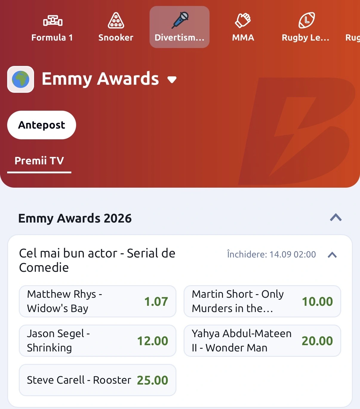 Cote betano Cel mai bun actor dintr-un Serial de Comedie