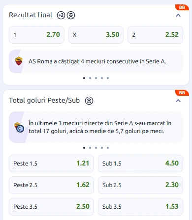 Cote pariuri AS Roma vs Inter Milan la Betano