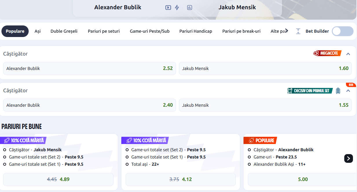 Cote pariuri Alexander Bublik vs Jakub Mensik