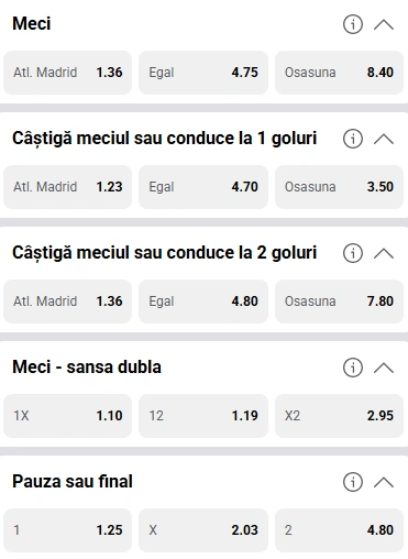 Cote pariuri Atletico Madrid vs Osasuna la Fortuna