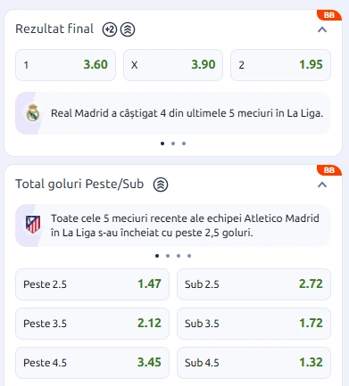 Cote pariuri Atletico Madrid vs Real Madrid la Betano