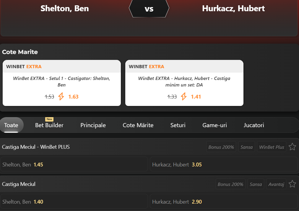 Cote pariuri Ben Shelton vs Hubert Hurkacz