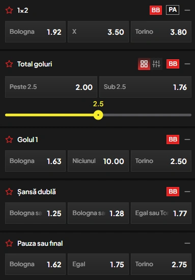 Cote pariuri Bologna vs Torino la TopBet