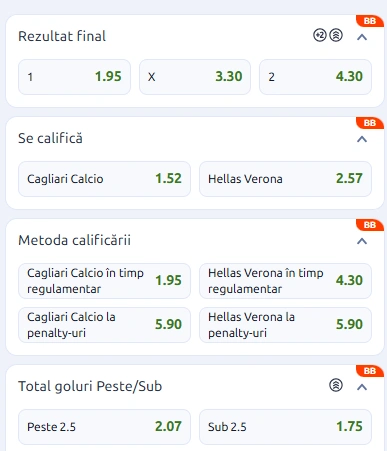 Cote pariuri Cagliari vs Hellas Verona la Betano